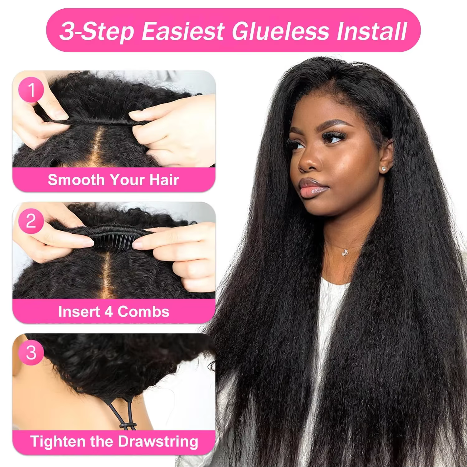 Perruques droites kinky 3 en 1 demi-perruques cheveux humains avec cordon Flip Over Perruques sans c
