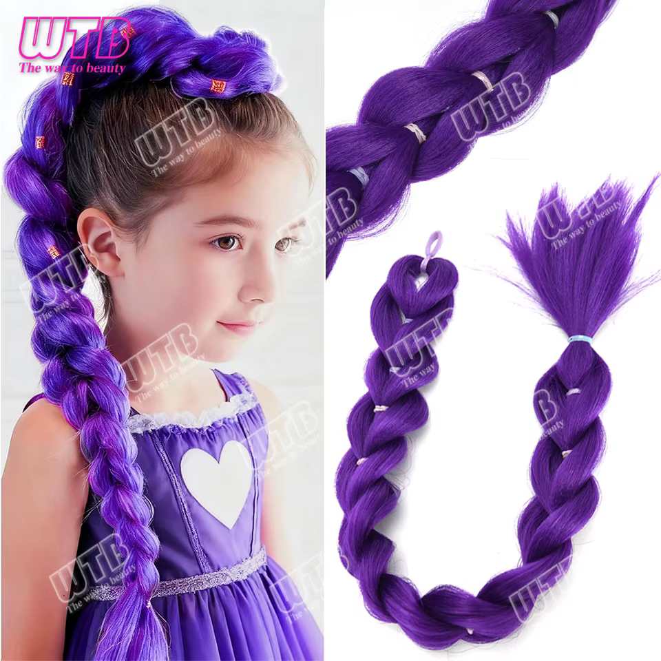 26 pouces violet tresses queue de cheval élastique pré tressage cheveux synthétiques violet Extensio