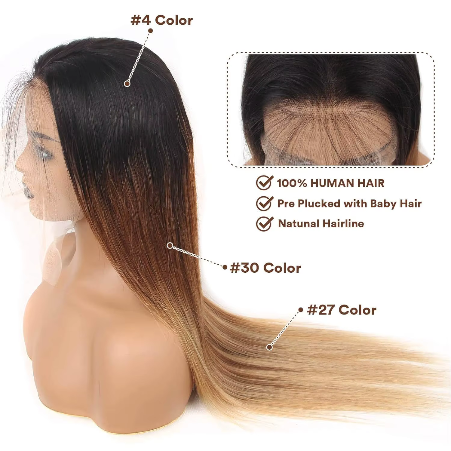Perruque Lace Front Wig naturelle ombrée à reflets 13x6, cheveux humains, pre-plucked, OT4/30/27, co