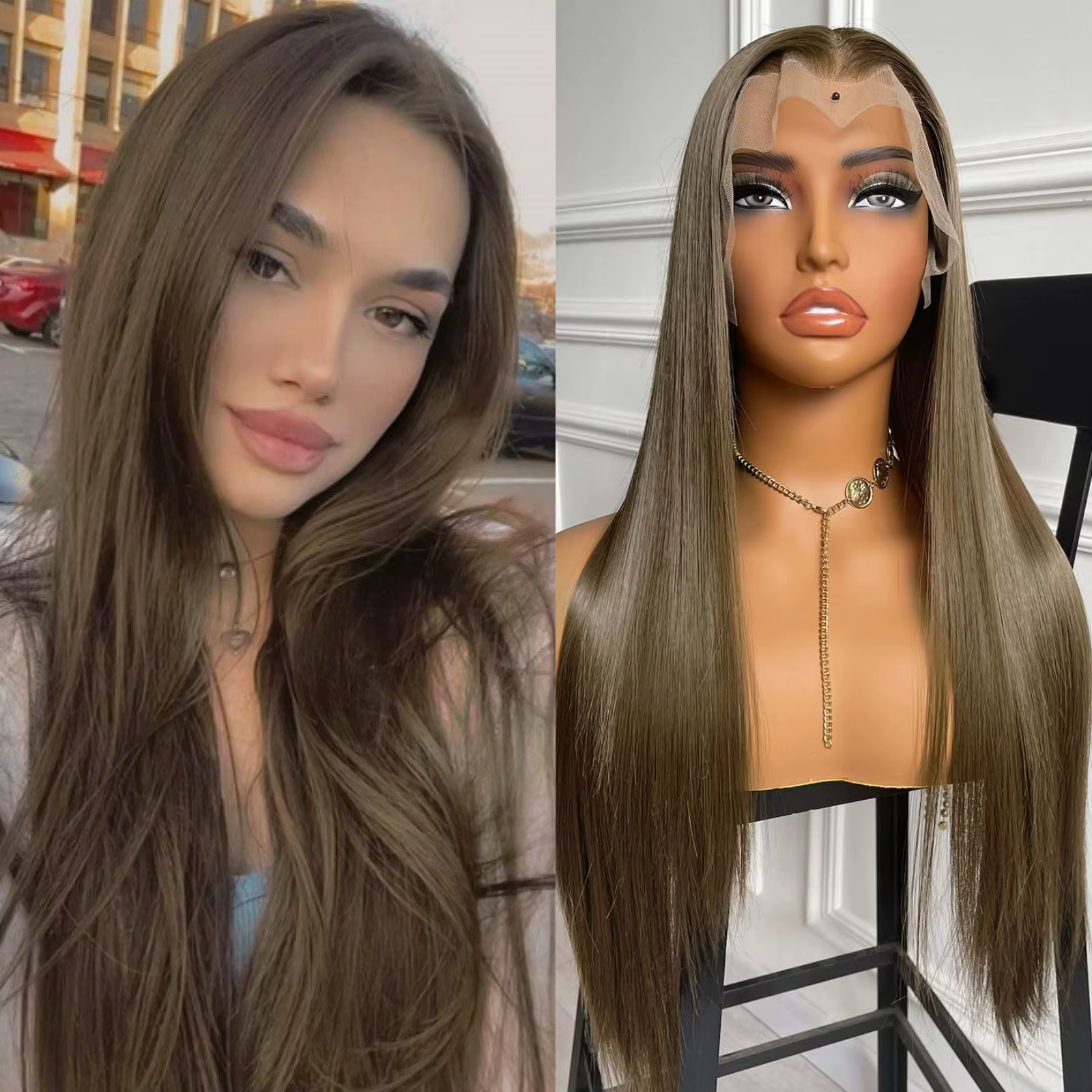 Perruque Lace Front Wig synthétique lisse et longue brune 13x4, perruque Lace Frontal Wig naturelle 