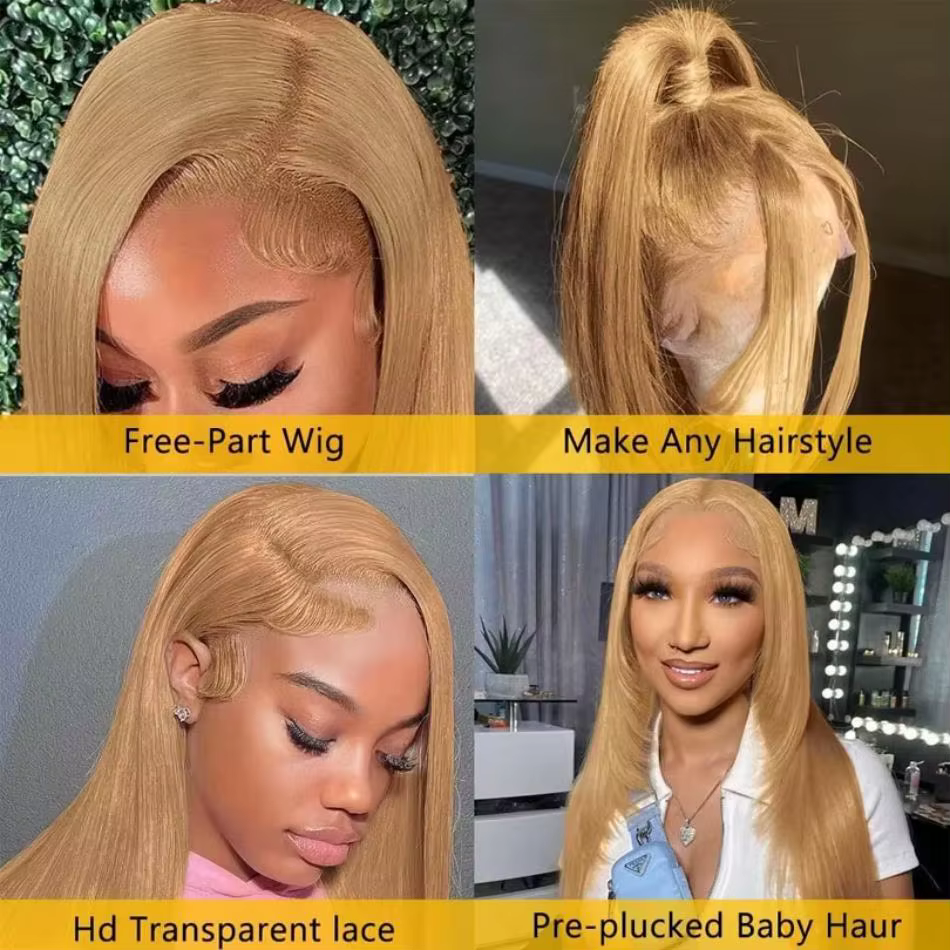 # Perruque Lace Frontal Wig naturelle lisse, blond miel 27, 13x6, pre-plucked, 13x4, 30, 34 pouces,