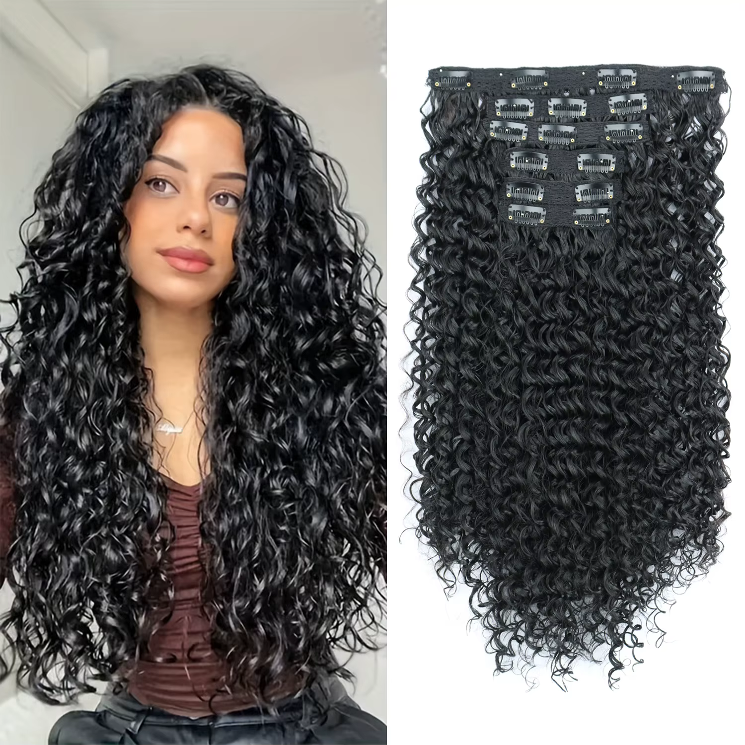 Extensions de cheveux synthétiques bouclées crépues à clipser, 16 pièces, mèches complètes, brun-noi
