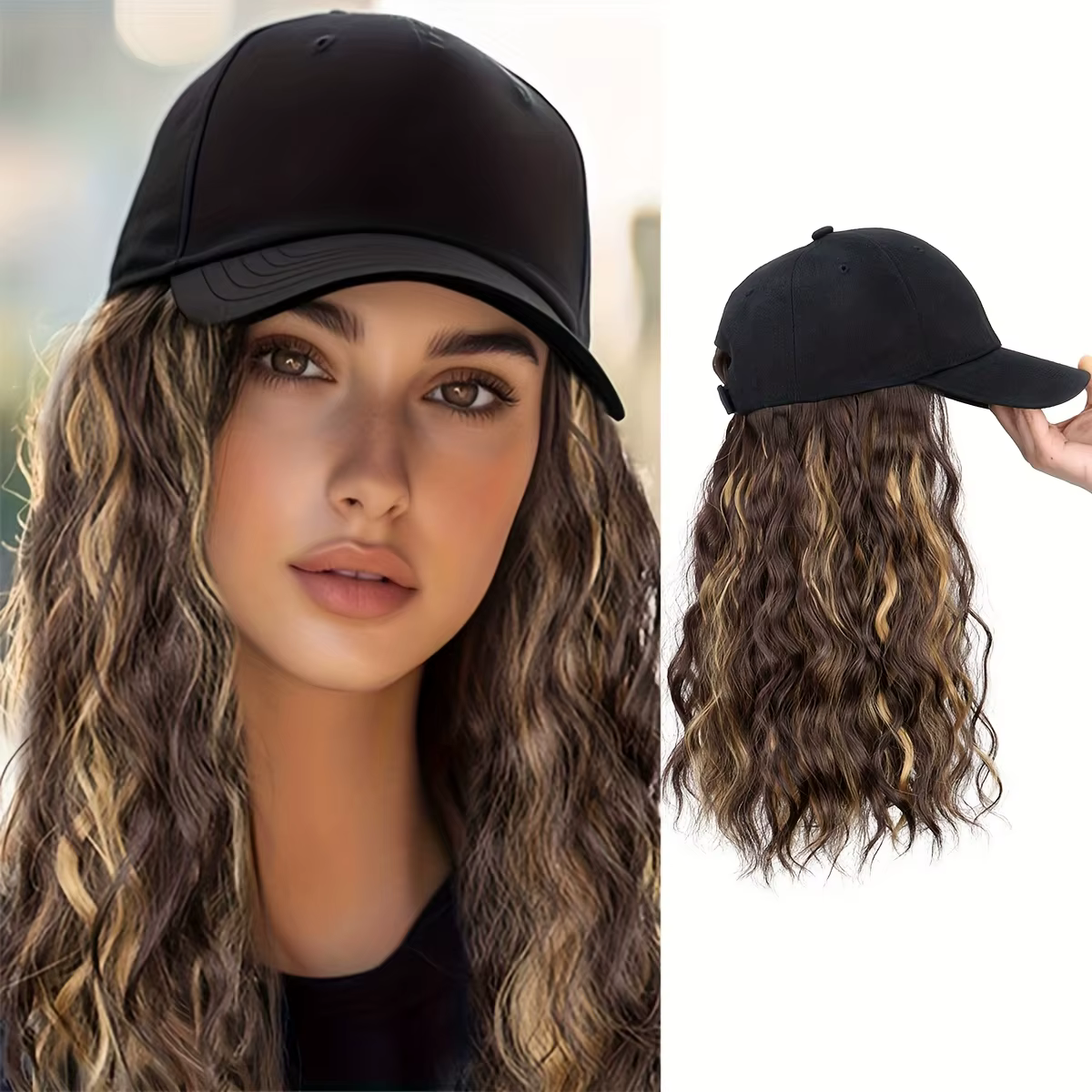 Perruque casquette de baseball en fibres synthétiques avec extensions de cheveux bouclés, adaptée au