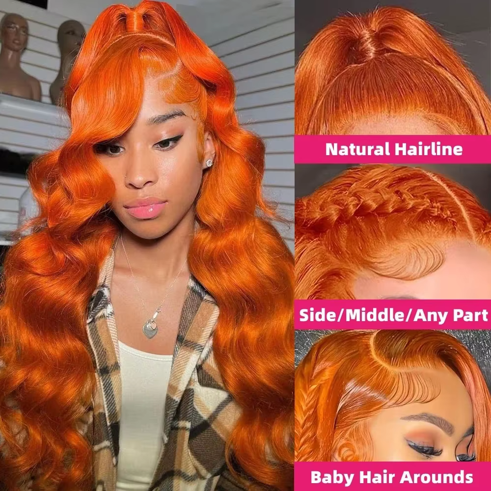 Perruque Lace Front HD 13x6 en Cheveux Humains, Ondulation Body Wave, Couleur Gingembre Orange, Dens