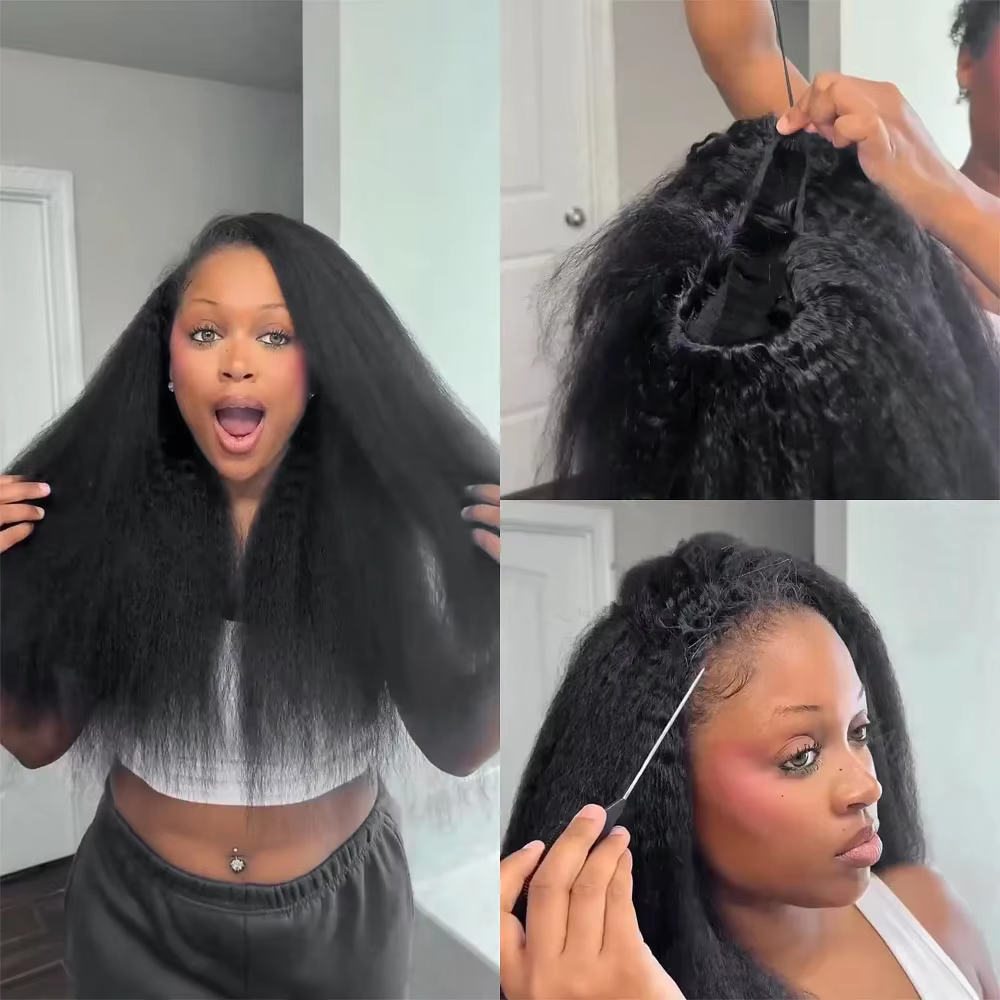 Perruques droites kinky 3 en 1 demi-perruques cheveux humains avec cordon Flip Over Perruques sans c