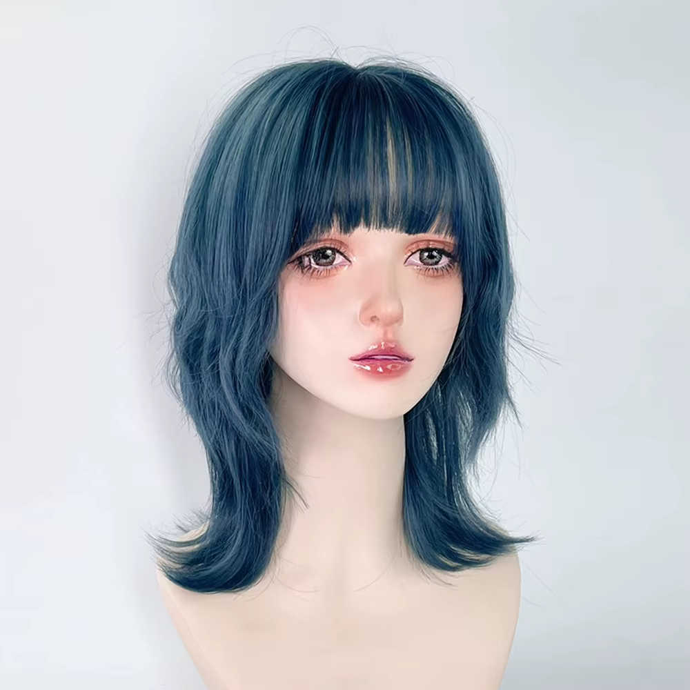 Perruque synthétique bleue à tête de mulet avec frange, perruque courte et lisse pour Cosplay Anime 