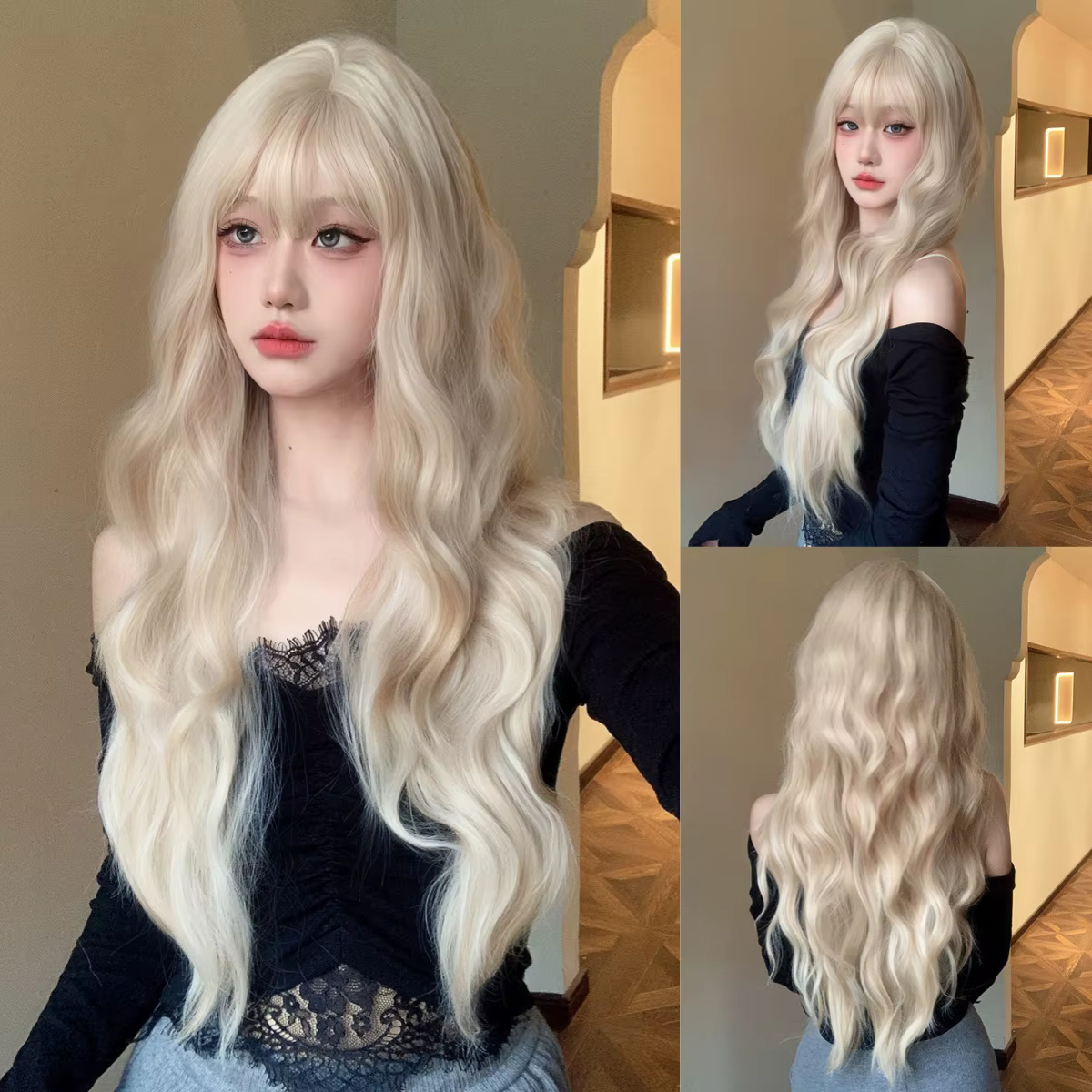 Perruque synthétique longue ondulée Blonde platine 613, avec frange, bouclée, mixte dorée, pour femm