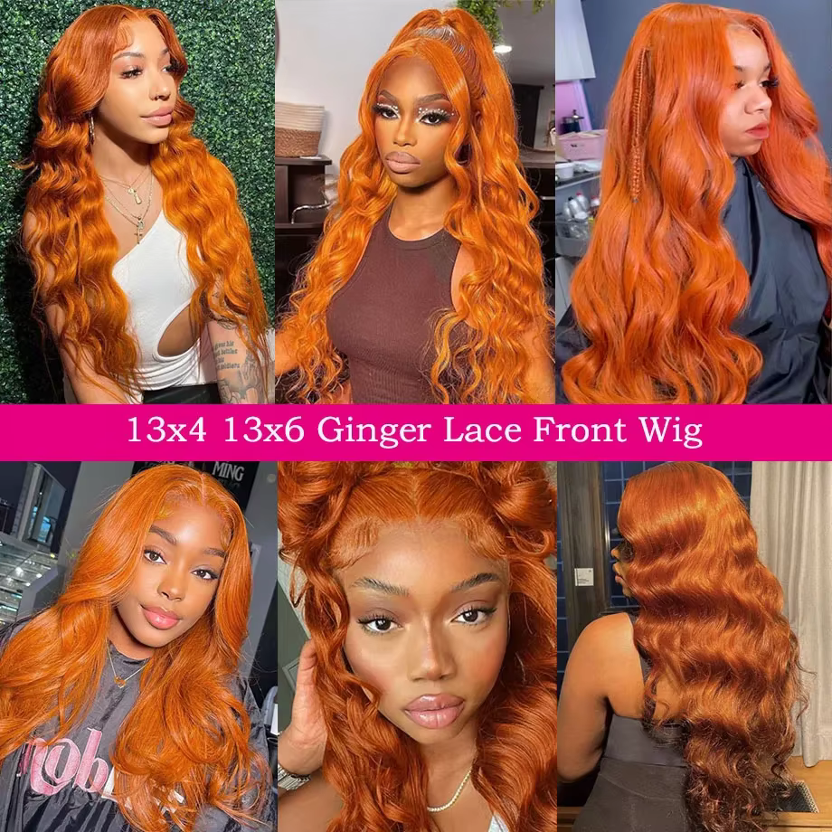 Perruque Lace Front HD 13x6 en Cheveux Humains, Ondulation Body Wave, Couleur Gingembre Orange, Dens