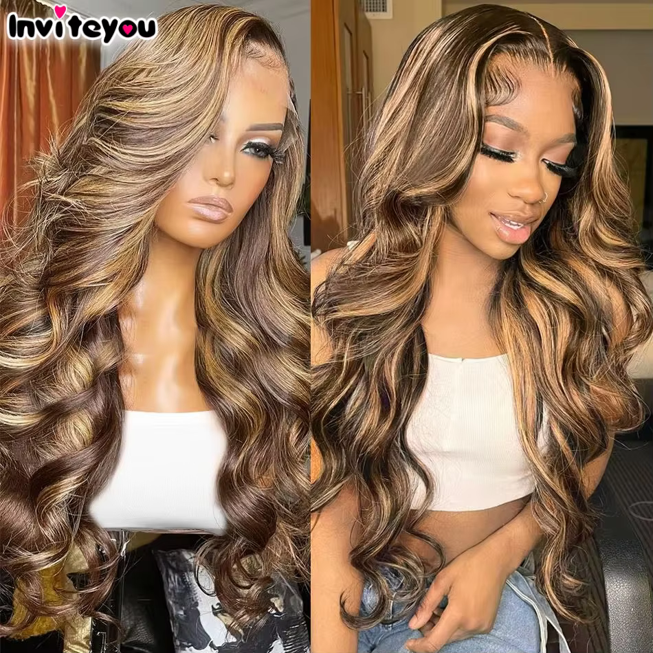 Perruque Lace Frontale 13x4 13x6 HD Highlight Body Wave pour Femme, Cheveux Humains Remy Ombrés P4/2