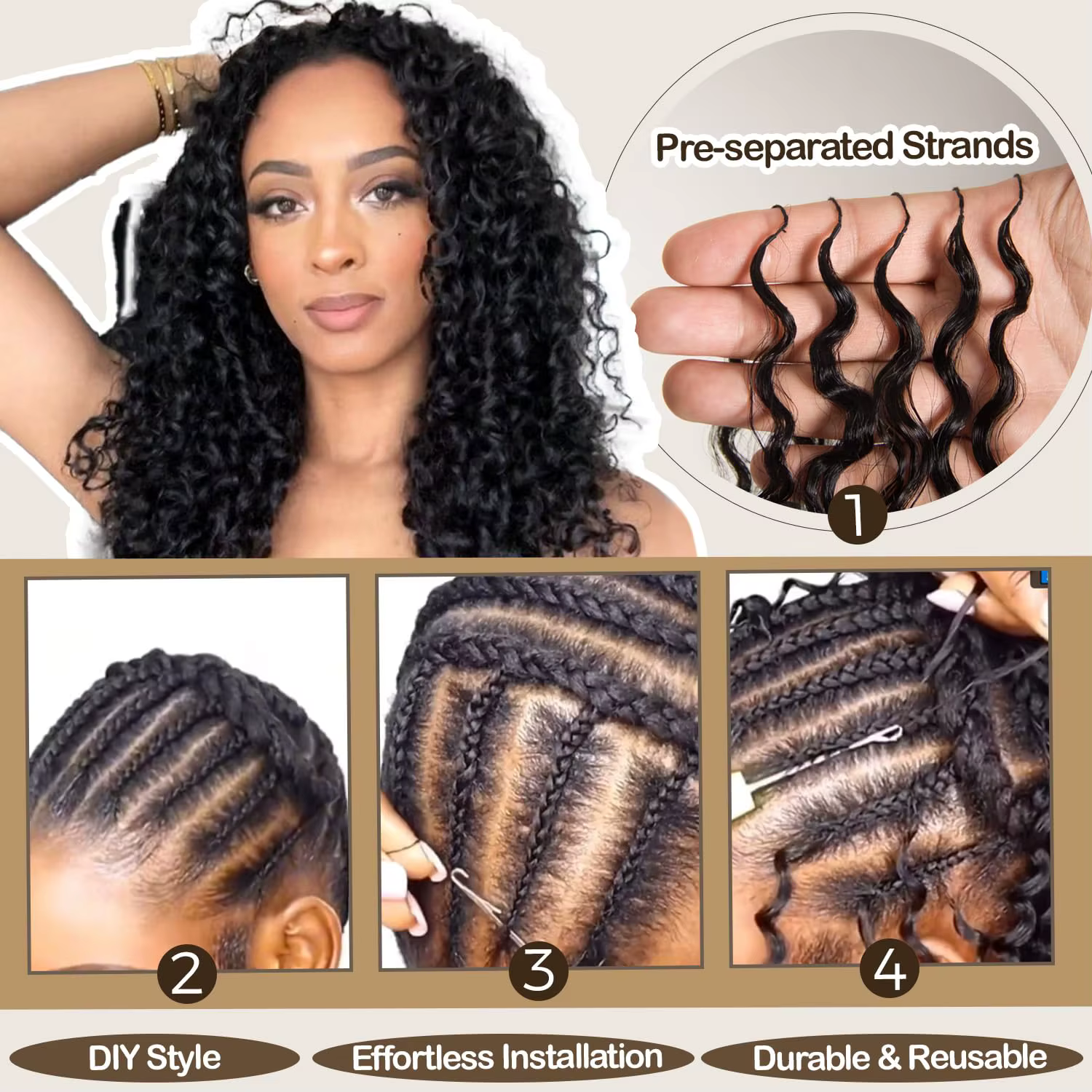 Extensions de cheveux humains bouclés birmans invisibles pré-bouclés avec extrémité spirale, 100 % v