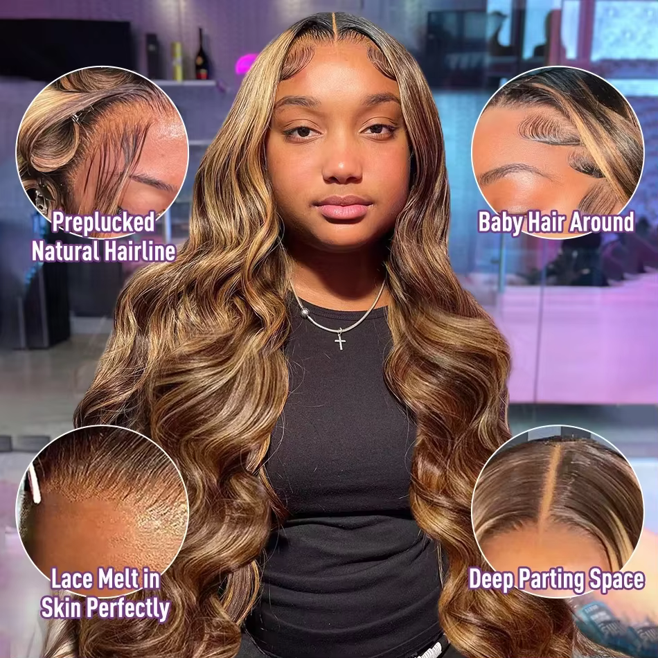 Perruque Highlight en Cheveux Humains Naturels P4/27 Blond Miel, Perruques Lace Front 13x6 en Cheveu