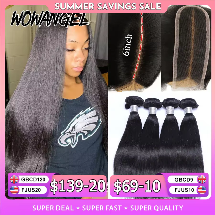 Wow Angel 2x6 HD dentelle fermeture avec paquets cheveux humains raie profonde fondu peaux 30 32 pou