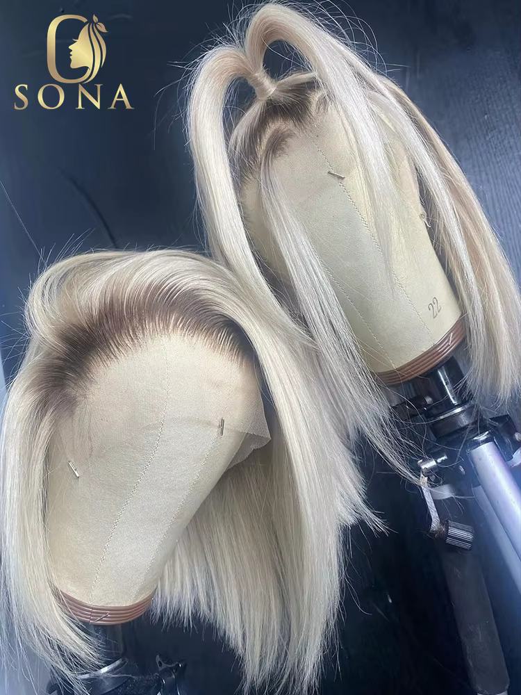 Perruque Bob Lace Front Wig naturelle brésilienne Remy, cheveux lisses, pre-plucked, racines foncées