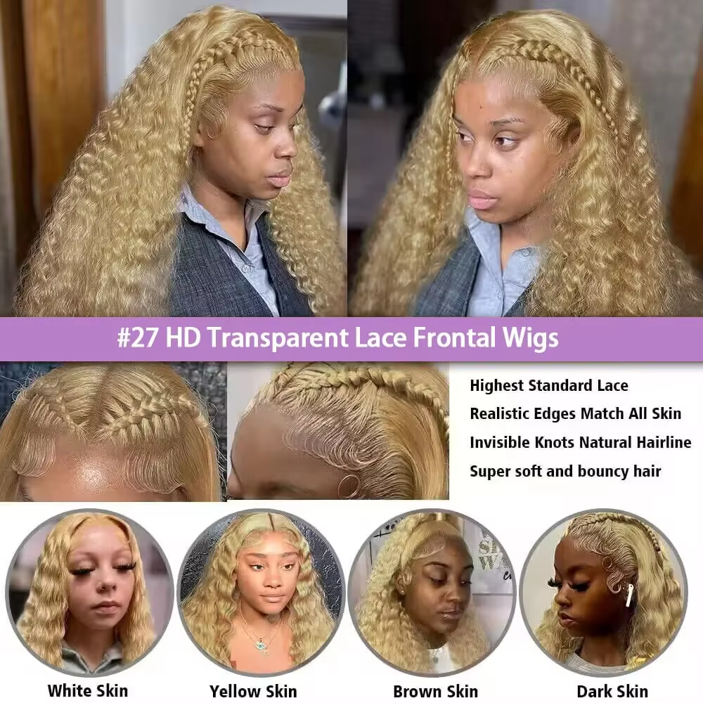27 # Perruque Blonde miel cheveux humains 13x6 cheveux humains bouclés dentelle frontale perruque