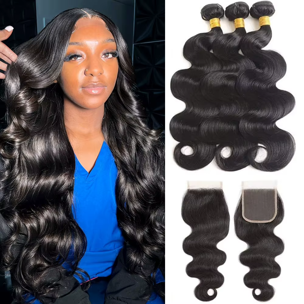 Extensions de cheveux humains 100% naturels, ondulés, brésiliens non traités, 3 mèches avec closure