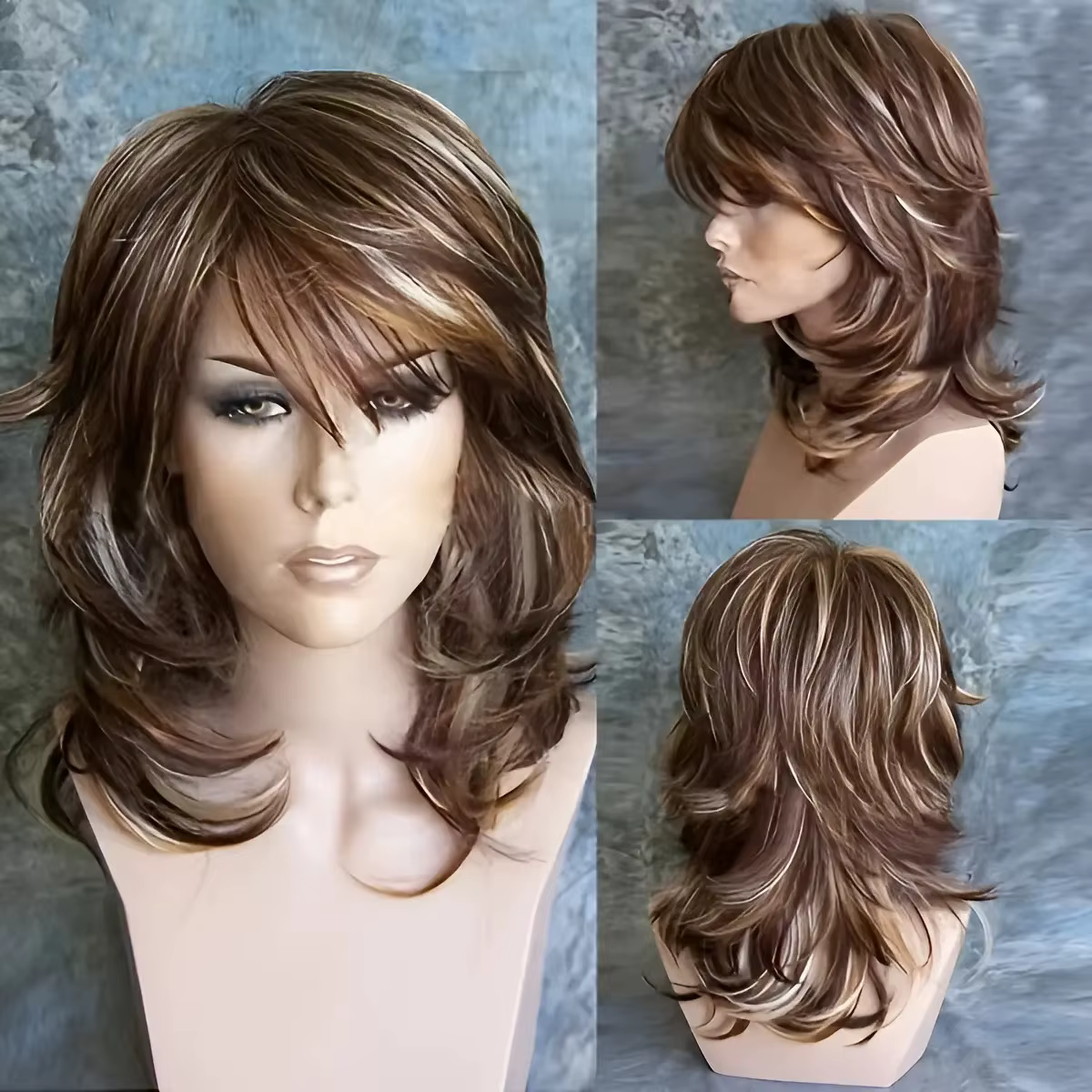Perruque synthétique complète pour femme, ombrée/graduée, marron et blonde, avec texture ondulée lâc