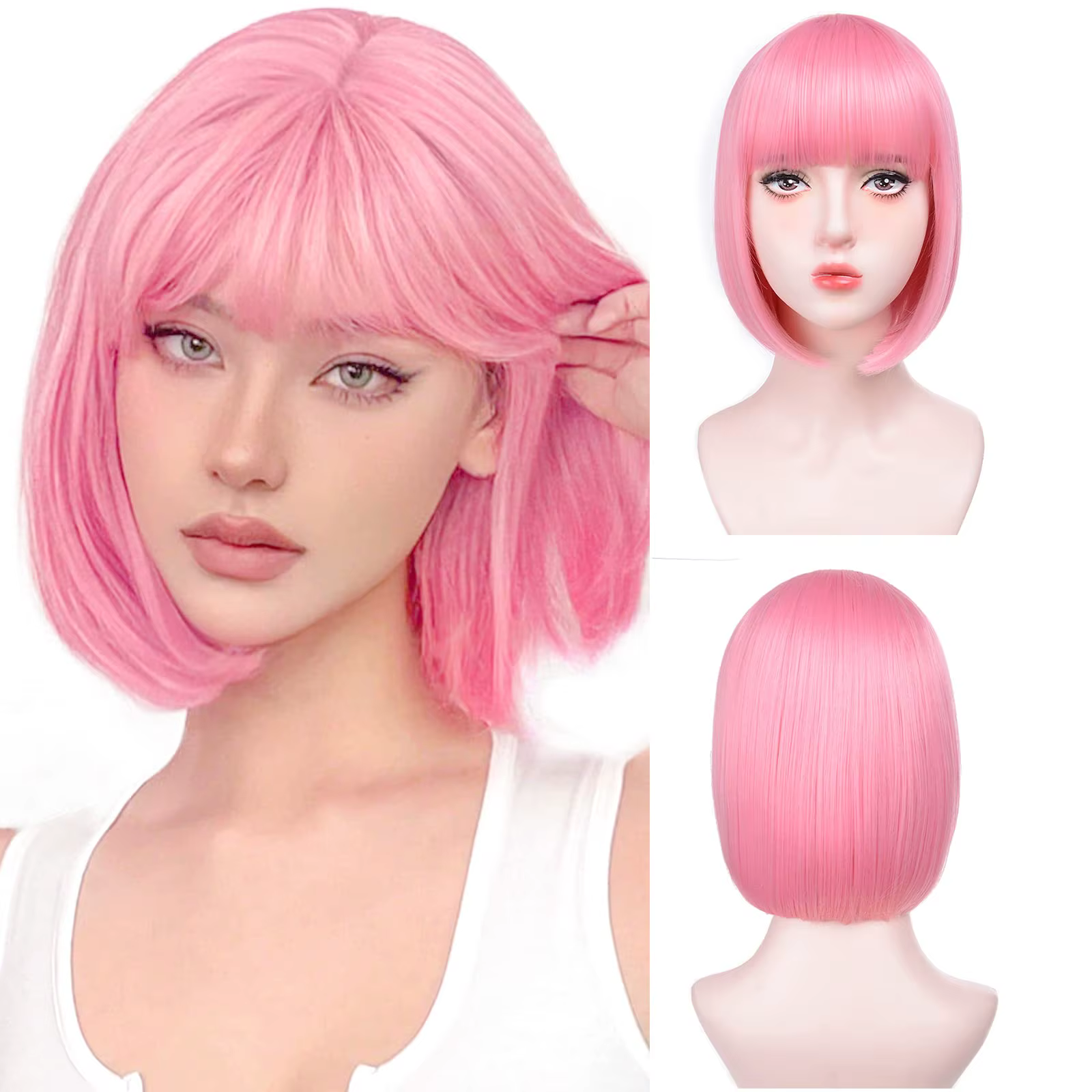 Perruque synthétique Bob rose cheveux courts et raides avec frange multicolore Halloween cosplay usa