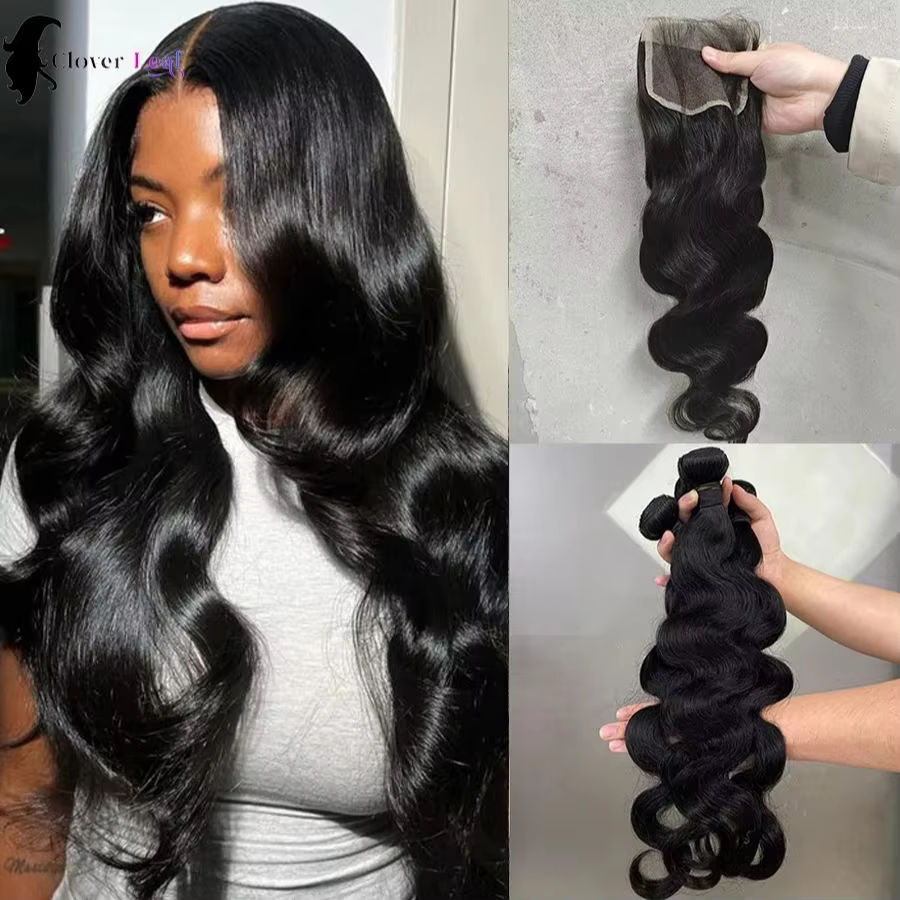 Mèches Body Wave Brésiliennes Naturelles avec Closure, Tissage de Cheveux Humains, 24 Pouces, 4 Tage
