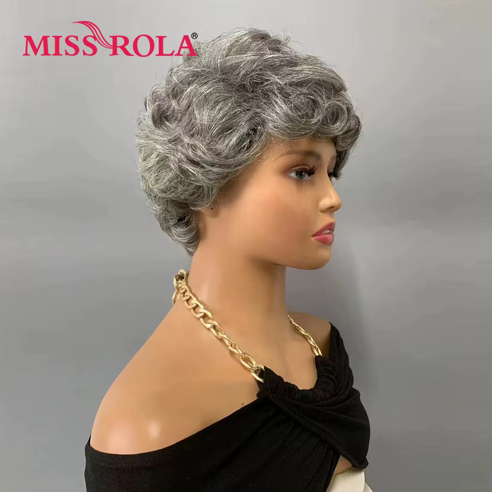 Miss Rola ondulé coupe lutin perruques 100% cheveux humains entièrement fait à la Machine gris et no