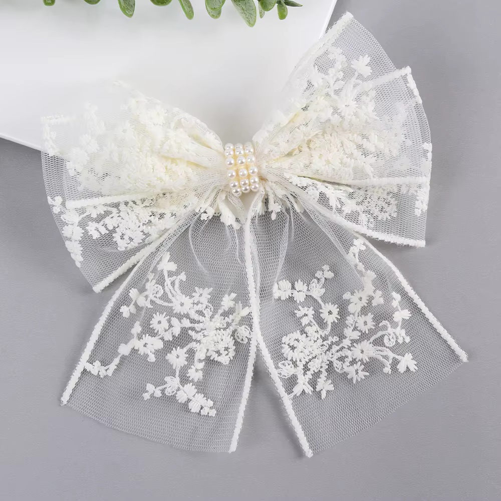 Pince à cheveux en dentelle avec nœud de fleur pour femmes, perles élégantes, épingles à cheveux bro