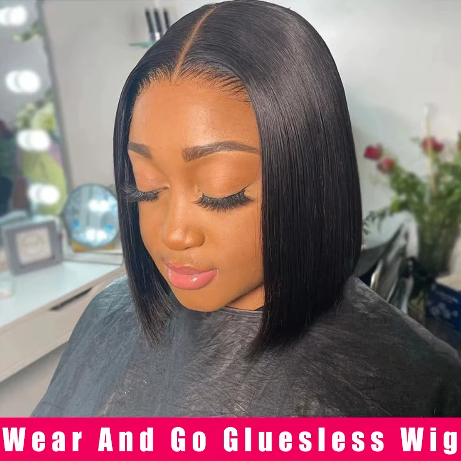 Perruques prêtes à porter sans colle, cheveux humains brésiliens lisses, coupe courte bob, pré-épilé