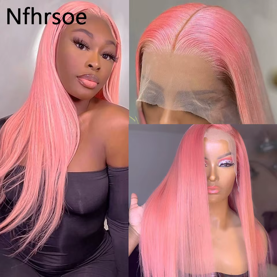 Perruque brésilienne en cheveux humains, colorée rose, longue et droite, avec dentelle transparente 