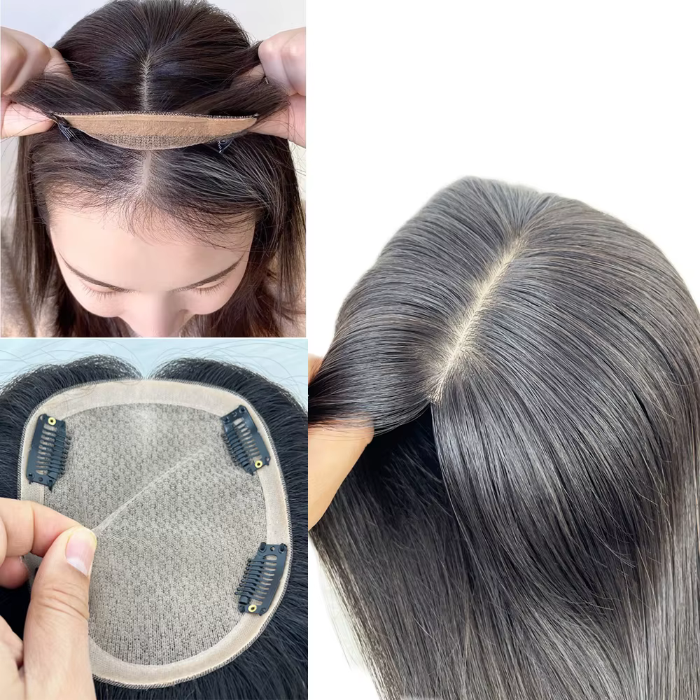 15X17 cm Base en soie femmes Topper avec 4 Clips en postiche malaisie vierge cheveux humains toupet