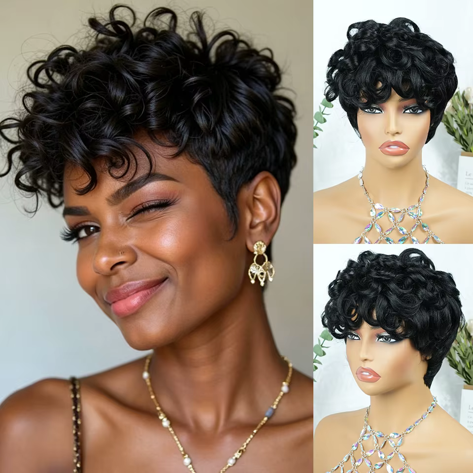 Perruque Pixie Cut, densité 180%, cheveux raides de 6 pouces, bonnet en filet rose, cheveux humains