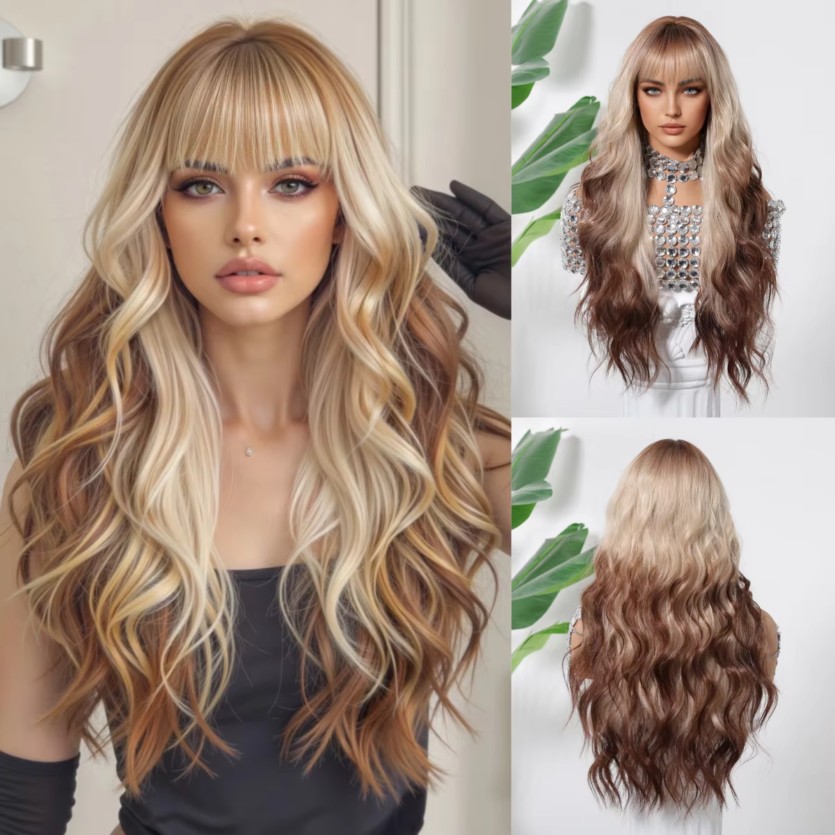 Perruque synthétique longue ondulée licorne Blonde dorée naturelle avec frange, cheveux résistants à
