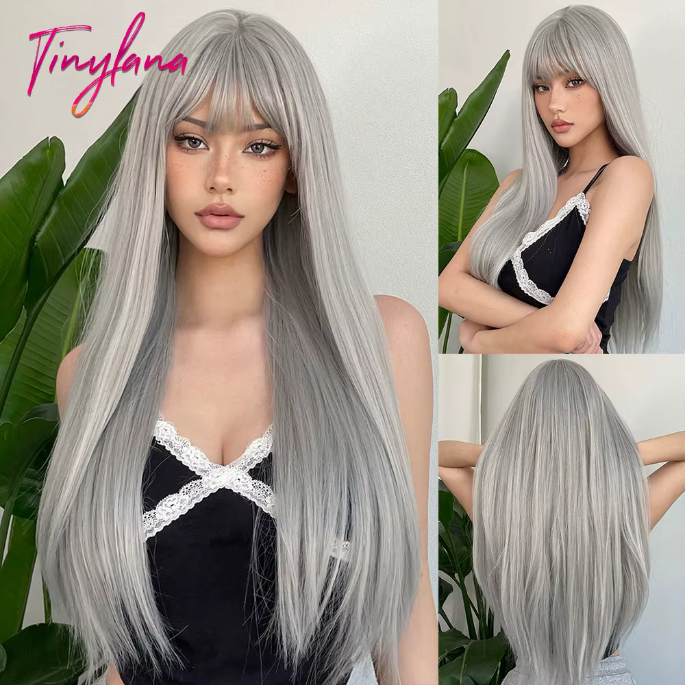Perruques synthétiques longues et lisses gris cendré argenté, cheveux naturels Lolita Cosplay avec f