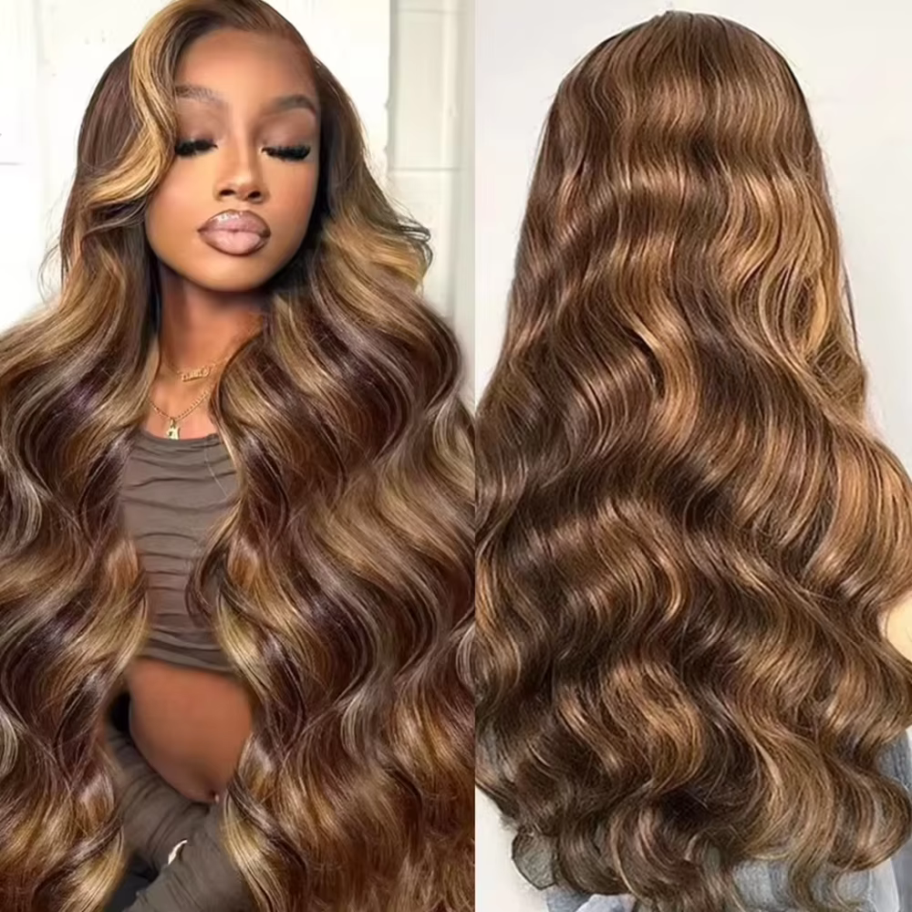 Perruque Highlight en Cheveux Humains Naturels P4/27 Blond Miel, Perruques Lace Front 13x6 en Cheveu