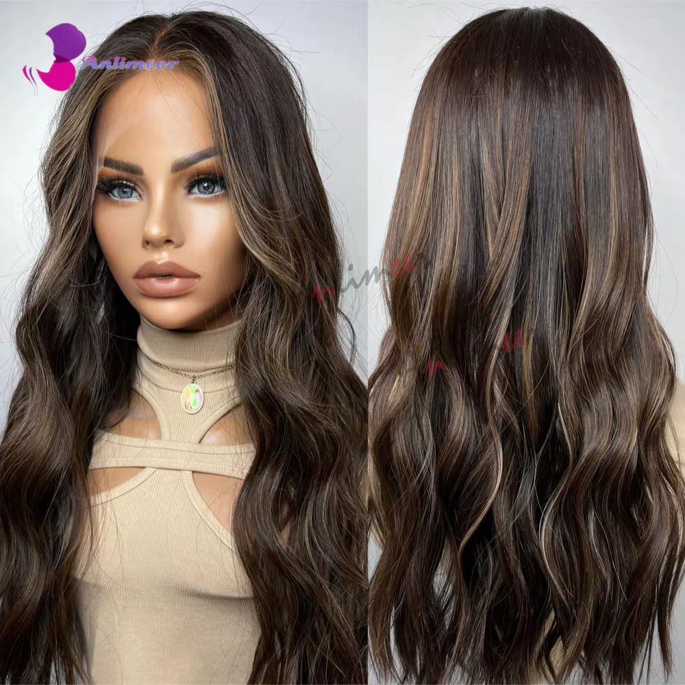 Perruques Lace Front Body Wave Marron avec Mèches, Base en Soie / Perruque Full Lace Densité 200 pou
