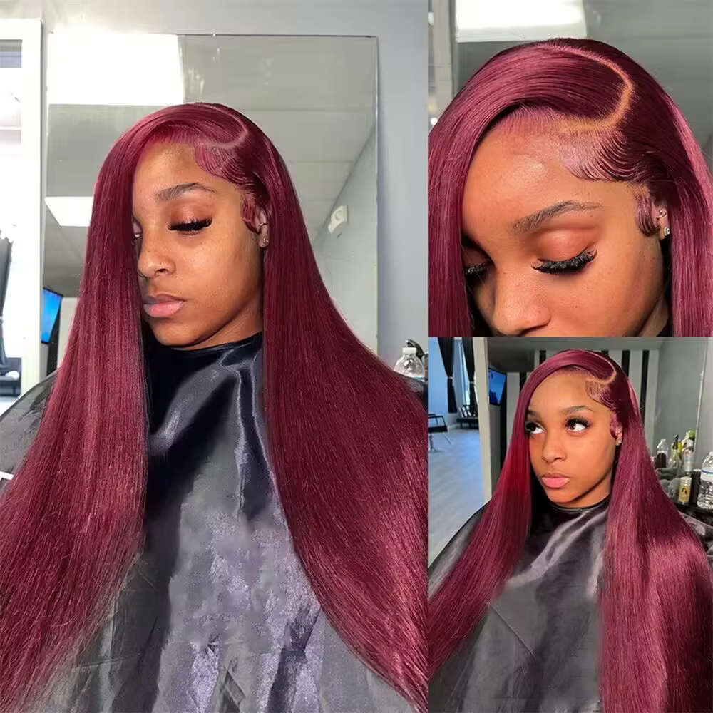 Perruque de cheveux humains lisses bordeaux 13x4 HD Lace Frontal, perruques de cheveux humains Lace 