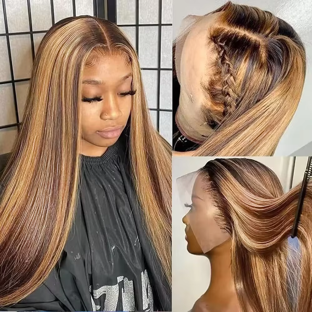 Perruque P4/27 Highlight en Cheveux Humains, Perruque Lace Front 13x6 Ultra Lisse, Perruque Colorée