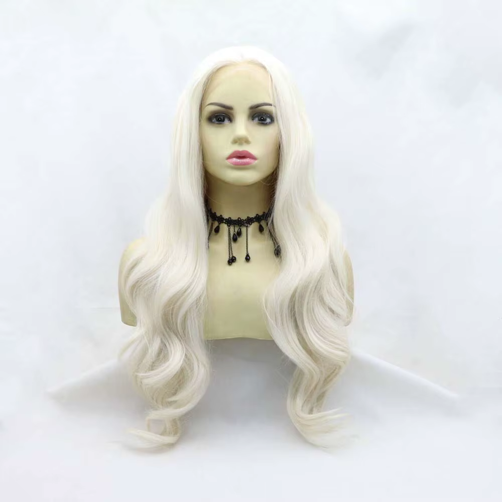 Perruque Sylvia 60 # Perruques synthétiques blondes à dentelle frontale, longues et ondulées, en fib