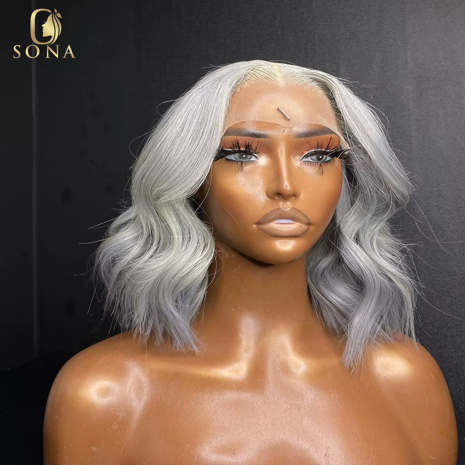Perruque Bob Lace Front Wig Body Wave Naturelle, Cheveux Courts, Gris Clair, 13x6, 13x4, Couleur Blo