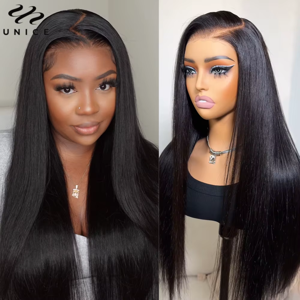 UNice 13x4 Pré-tout ™ Perruques droites de cheveux humains avec la perruque sans colle de cordon c