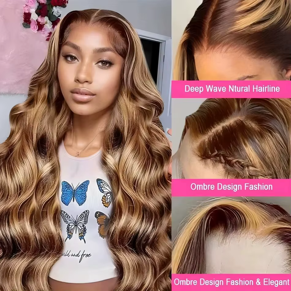 Perruques en cheveux humains ondulés Body Wave avec mèches 4/27, perruque frontale HD transparente 1