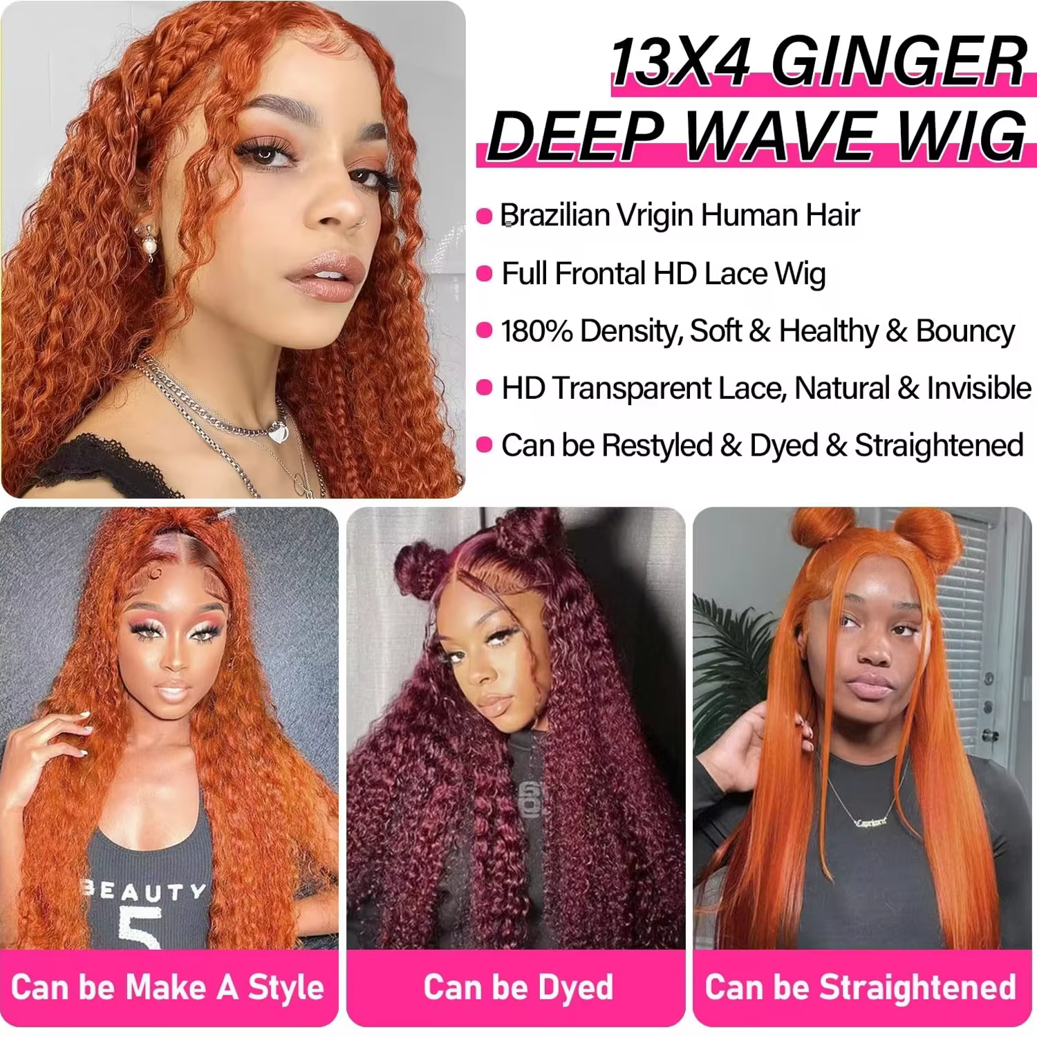 Perruques Lace Front 13x6 en cheveux humains pour femmes, bouclées orange gingembre, Deep Wave, Perr