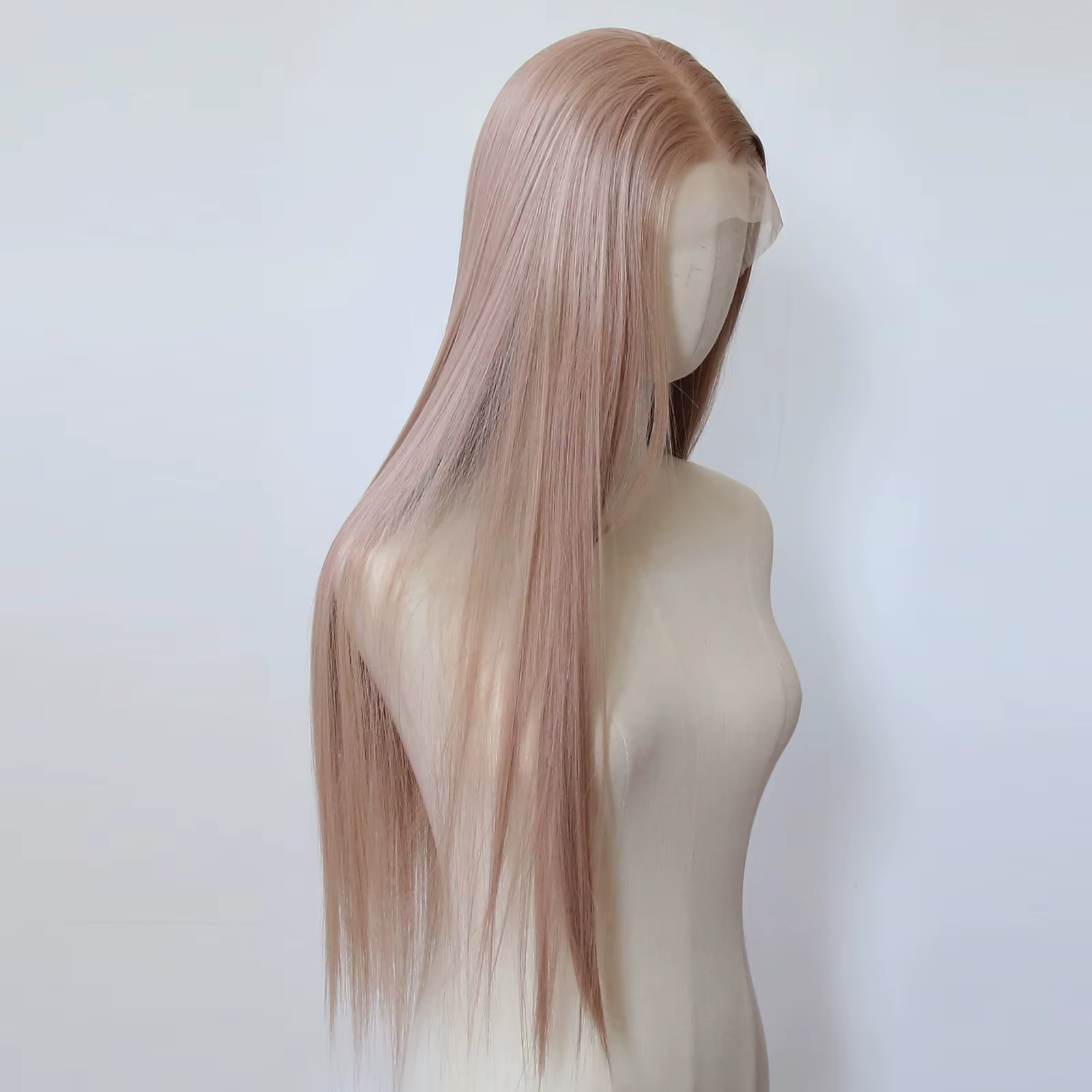 Perruque Lace Front Wig synthétique Rose, perruque synthétique longue et lisse, rose brumeux, pre-pl
