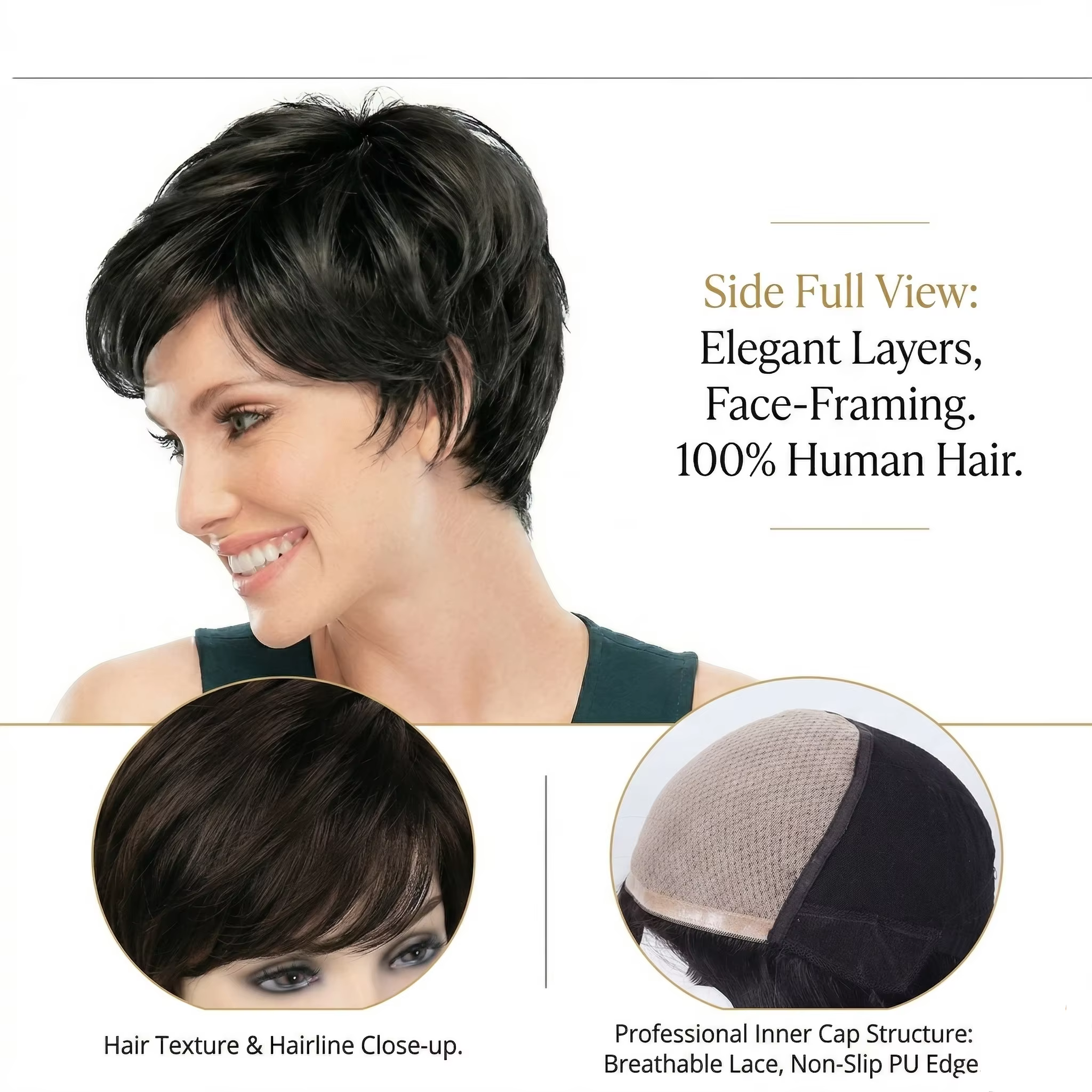 Perruque courte noire coupe pixie 6*6 avec base en soie et devant en PU, 100% cheveux humains pour f