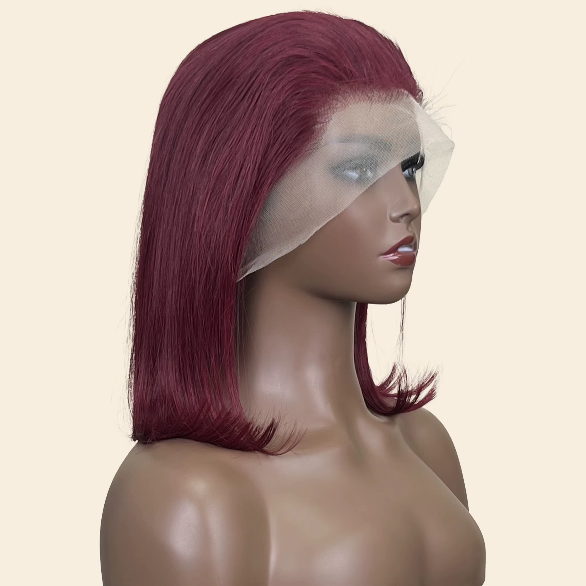 Perruque Bob Lace Front Wig Remy Naturelle Lisse, Cheveux Courts, Bordeaux 99J, 13x4, Pre-Plucked, D