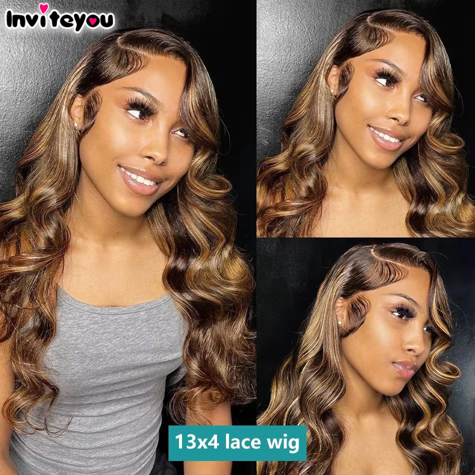 Perruque Lace Frontale 13x4 13x6 HD Highlight Body Wave pour Femme, Cheveux Humains Remy Ombrés P4/2