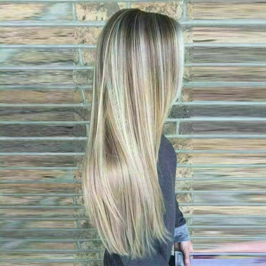 Perruque Lace Front Ombrée Blonde avec Mèches, Perruques Lisses pour Cosplay Lolita, Usage Quotidien