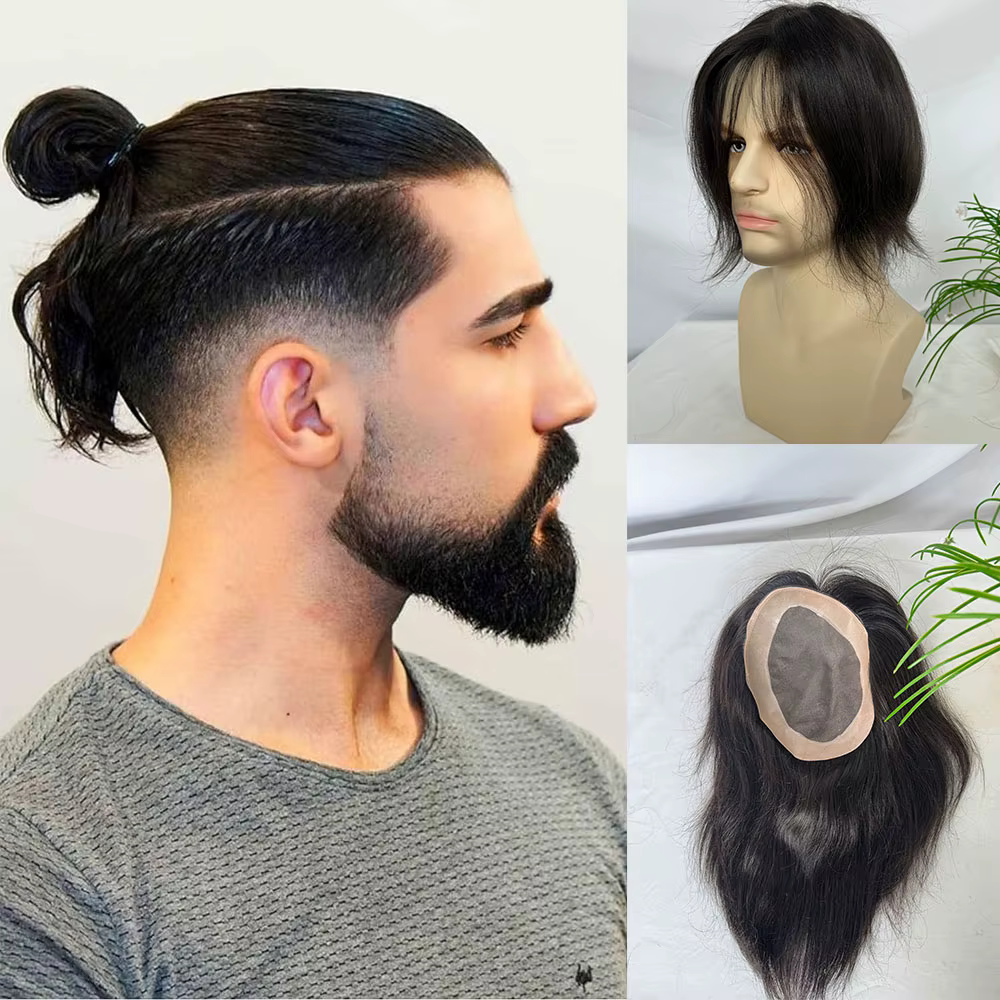 Perruque indienne en cheveux humains pour hommes, lisse, mono lace avec PU 6x8 pouces, couleur natur
