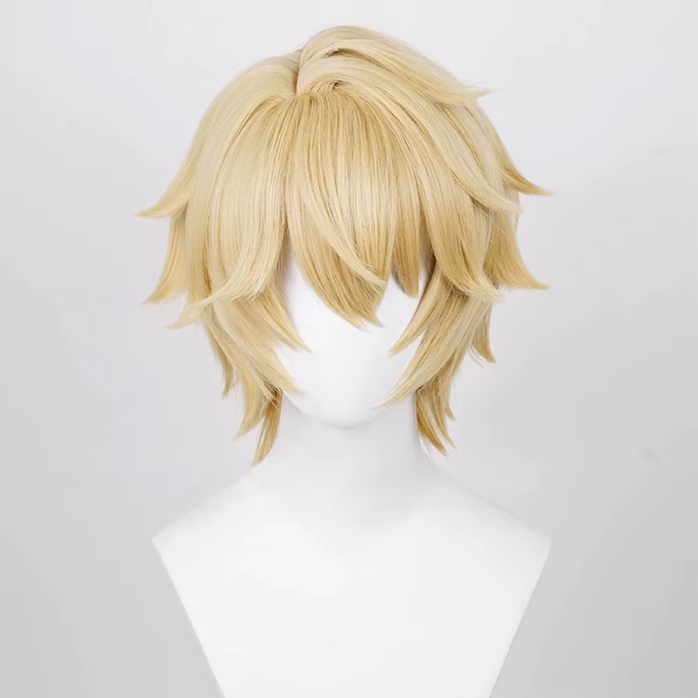 Perruque Synthétique Blonde Courte Droite avec Frange pour Homme, Anime Game Cosplay Fluffy, Perruqu