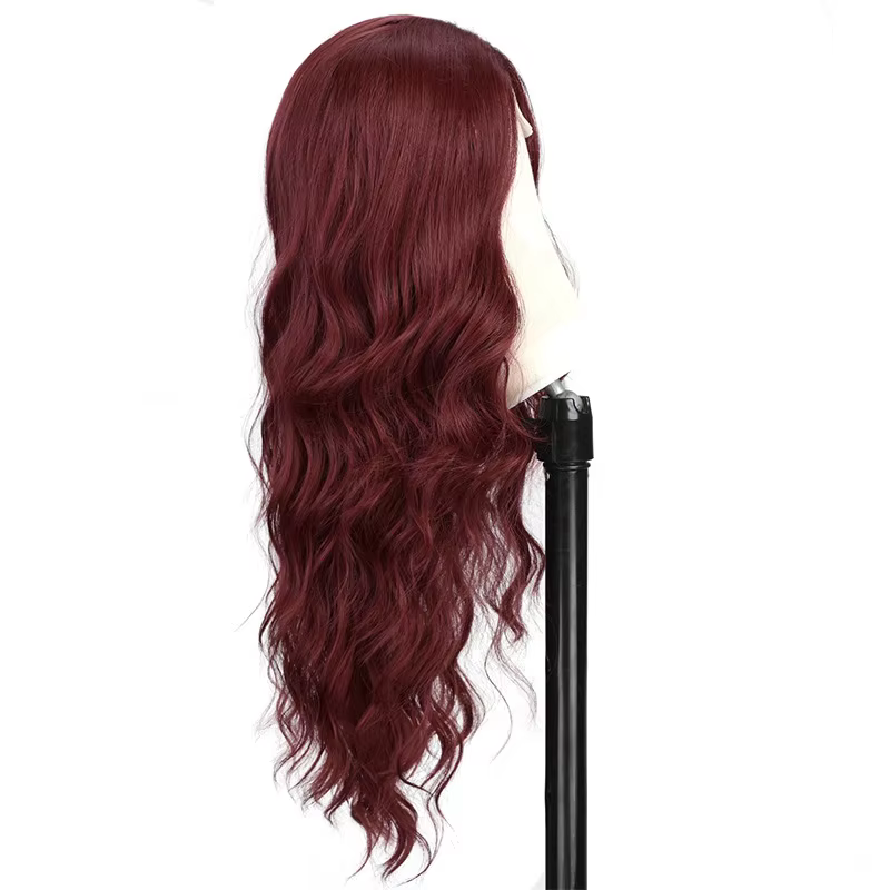 Perruque synthétique couleur vin rouge avec cheveux longs bouclés, tête de perruque complète, fête,