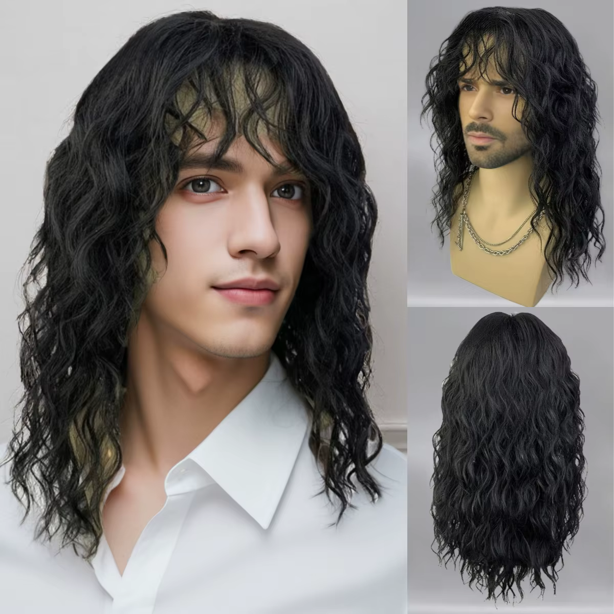 Perruque bouclée blanche pour hommes avec frange – Cheveux synthétiques ondulés naturels pour cospla