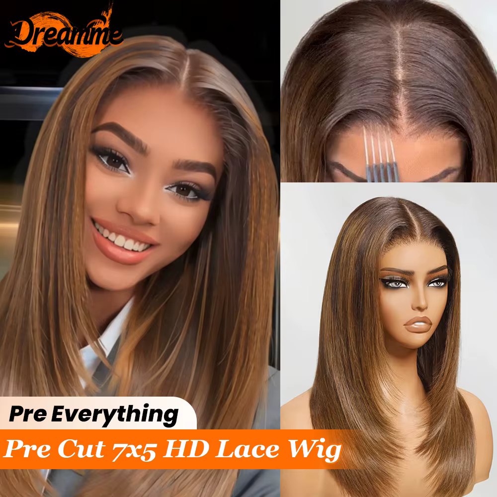 Perruque sans colle Blonde Caramel Go 7x5, cheveux humains HD Lace 4x4/5x5, perruques sans colle, pe