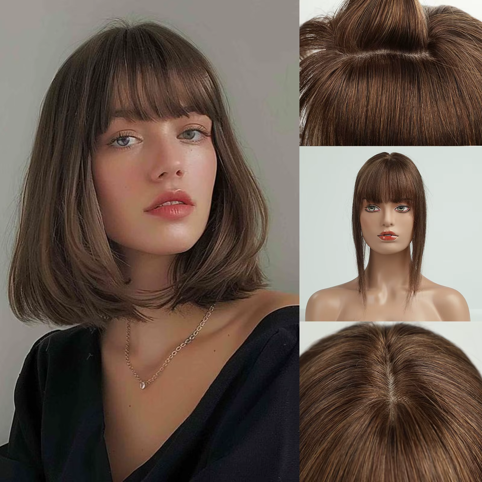 Toppers de cheveux humains avec frange pour femmes, clips de base injBase, extension de cheveux, mar
